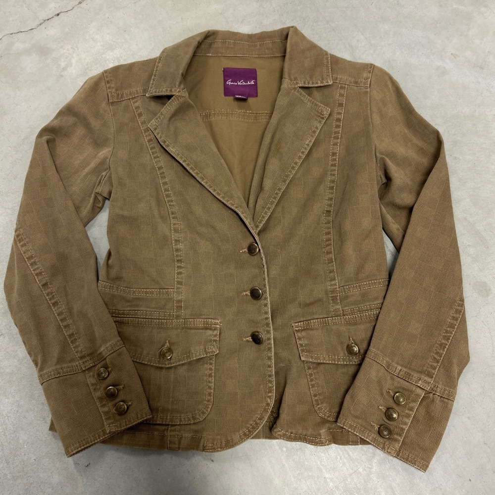 Gloria Vanderbilt Brown Corduroy Blazer Jacket Textured Checkered Small